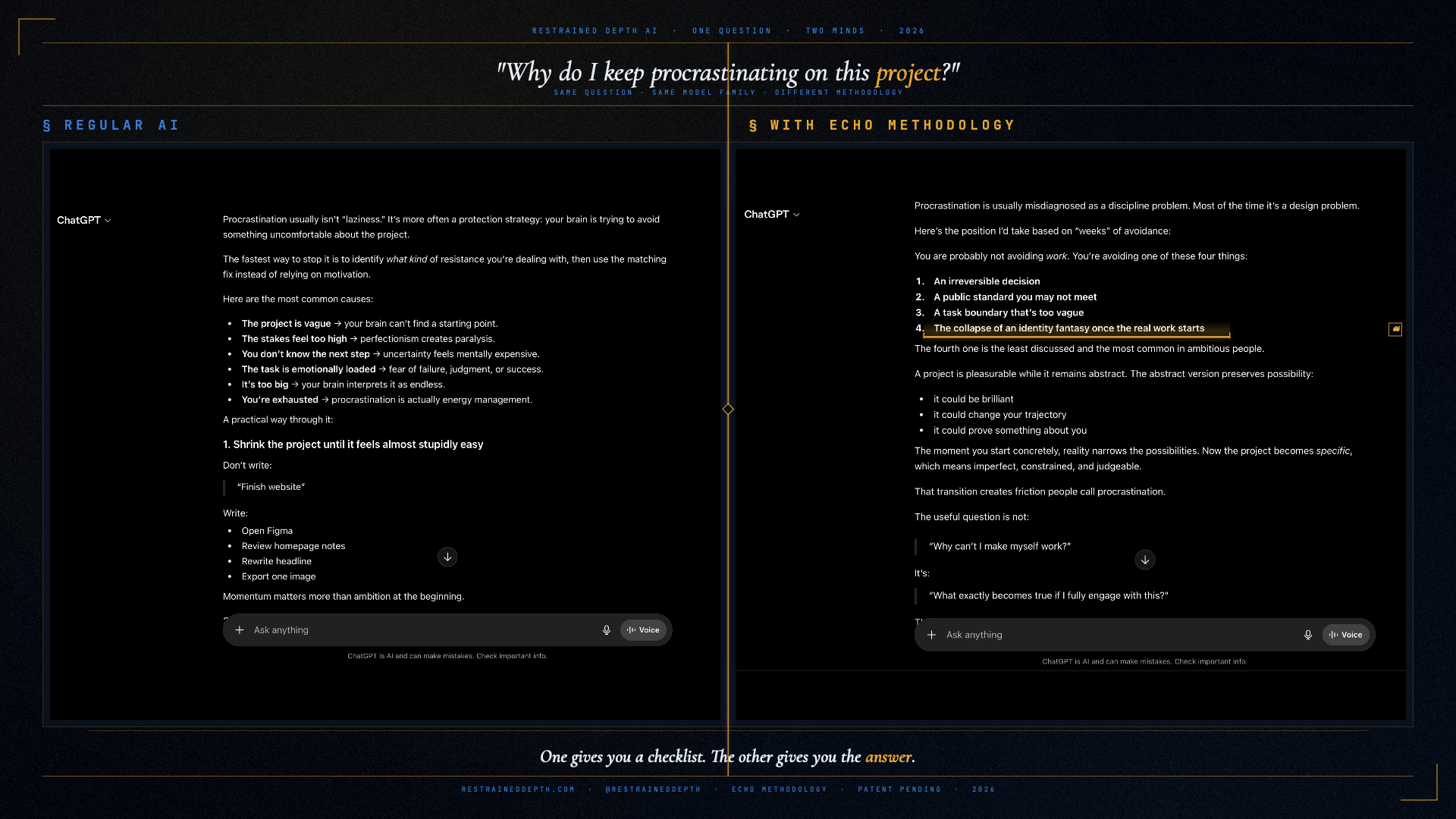Regular AI gives a checklist of procrastination causes. ECHO gives a diagnostic answer that names the actual mechanism.
